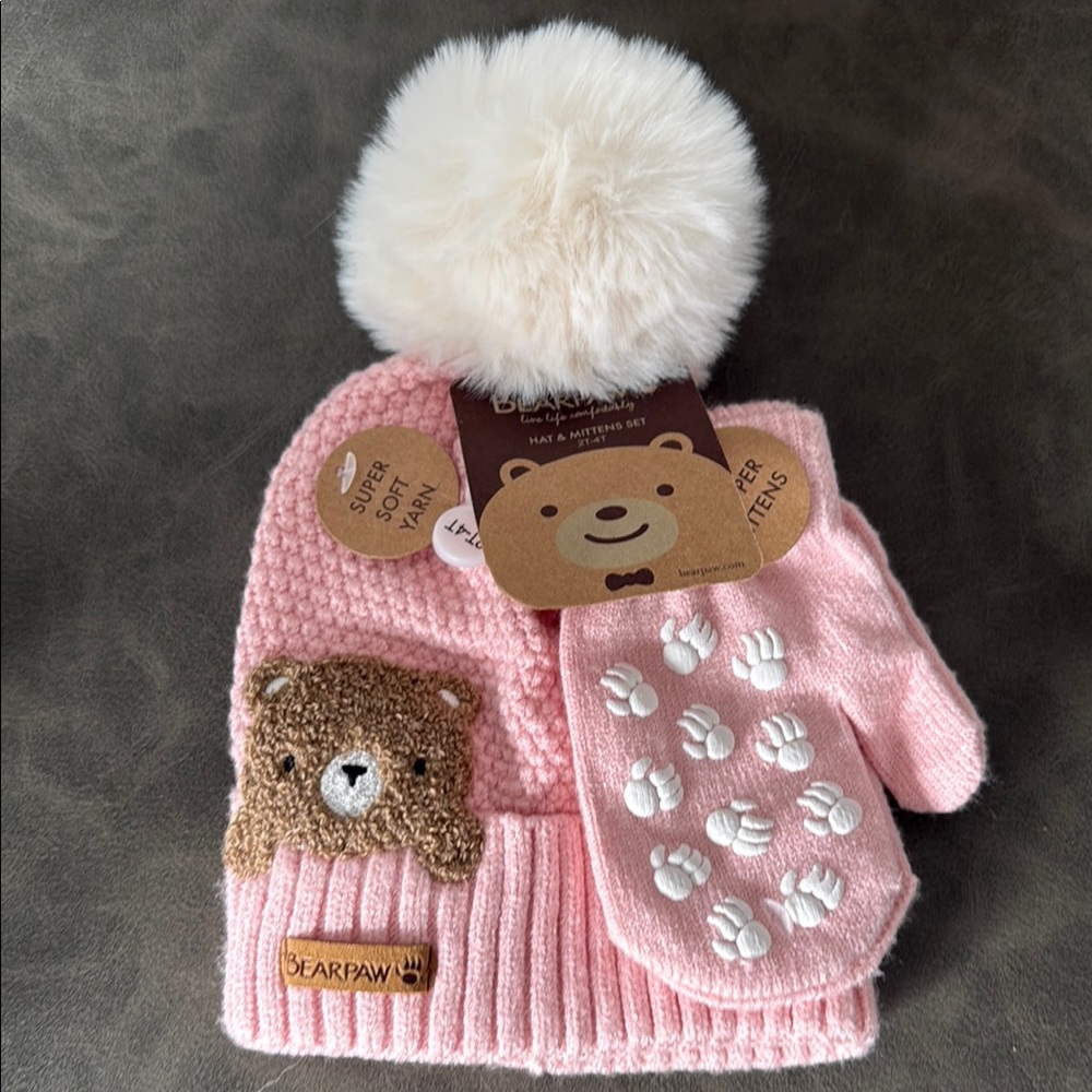 Bearpaw Pink Kids Hat and Mittens Set size 2T-4T New with tag